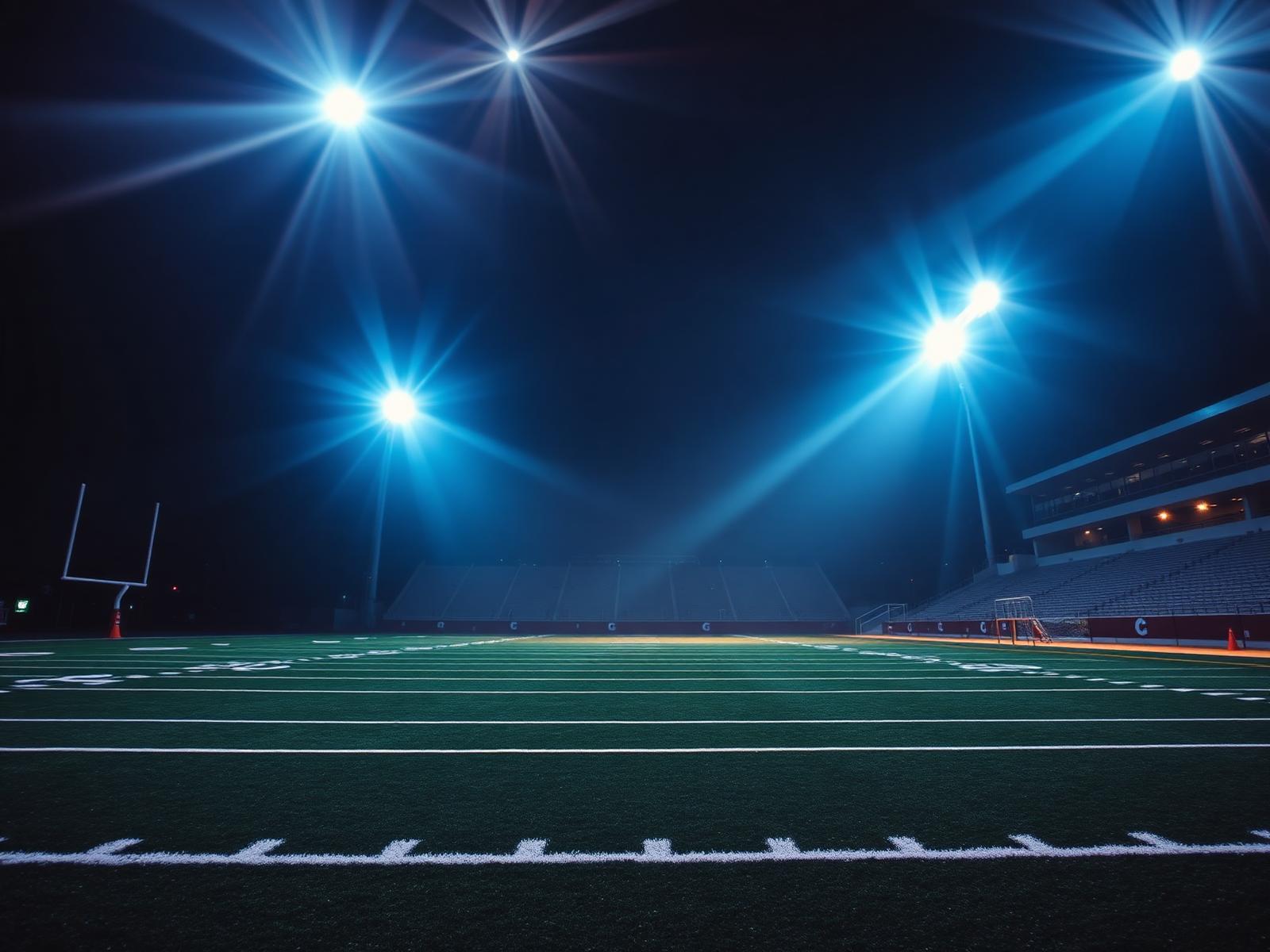 High school football player under stadium lights
